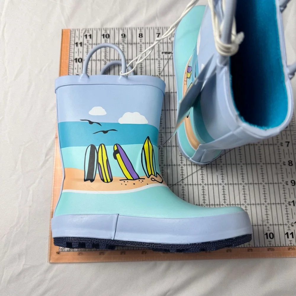 NWT Cat & Jack Evan Rain Boots Kids 12 Blue Beach Surf Scene Waterproof Pull On